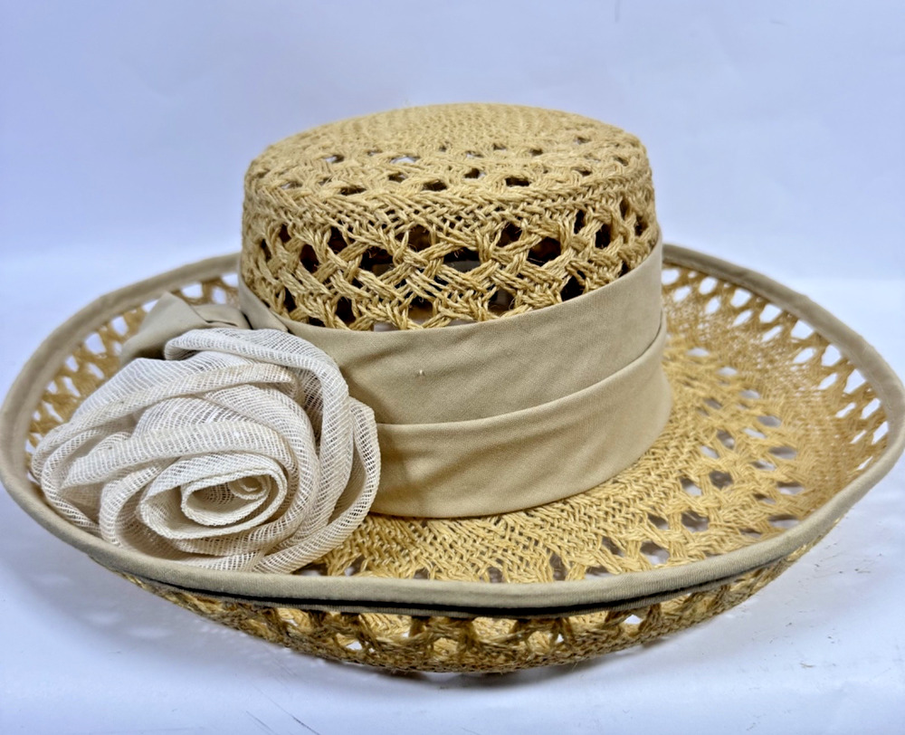 Vintage Women's Charles Dylan Woven Straw Boater Sun Hat Rolled Brim Bow Med